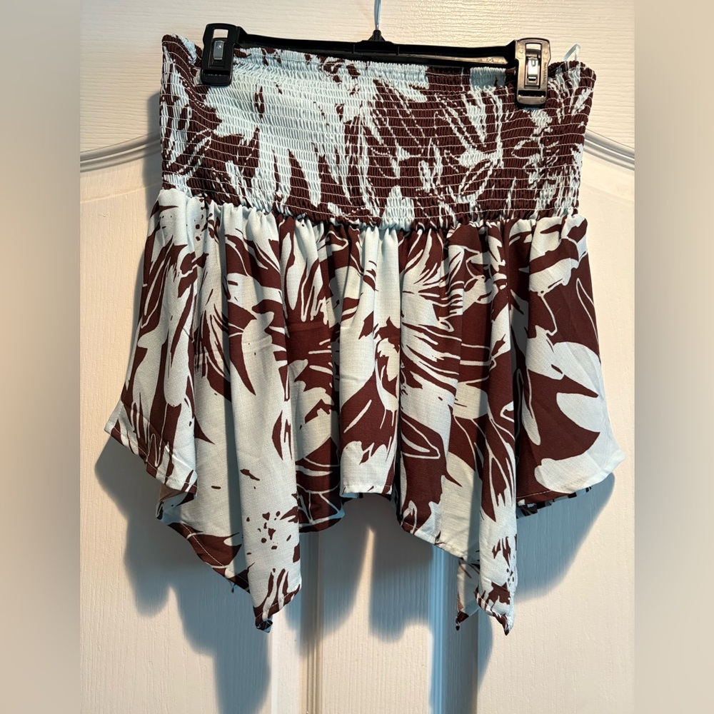 Strapless Brown and White Floral Smocked Peplum Top